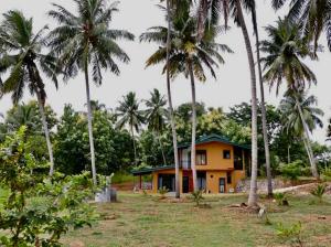 a yellow house with palm trees in a field at Kadupitioya Bungalow 