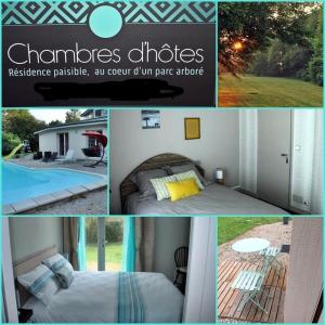 un collage de fotos de un dormitorio y una piscina en Chambre d’hôtes Le Prieuré, en Gommerville