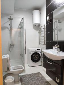 W łazience znajduje się umywalka i pralka. w obiekcie Central Bishkek Apartment w mieście Biszkek
