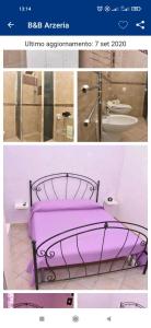un collage de trois photos d'un lit violet dans l'établissement ARZERIA, à Cavallino di Lecce