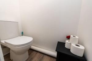 La salle de bains est pourvue de toilettes et de 2 rouleaux de papier toilette. dans l'établissement LE SAINT CLEMENT B AVEC SALLE DE SPORT, à Rouen