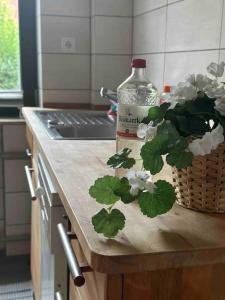 a bottle of water and a basket of flowers on a kitchen counter at Villa Höpen 125qm 4 Schlafzimmer Citynah 5 Zi. Parkplatz Terasse WIFI in Seevetal