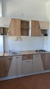 a kitchen with wooden cabinets and a sink at Casa Francesca in Comăneşti