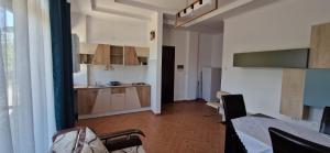 Il comprend une cuisine et un salon avec une table et des chaises. dans l'établissement Casa Francesca, à Comăneşti
