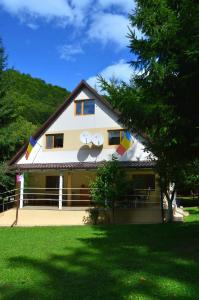 ein Haus mit zwei Flaggen auf der Seite in der Unterkunft Casa Aris Lepsa Vrancea in Lepşa