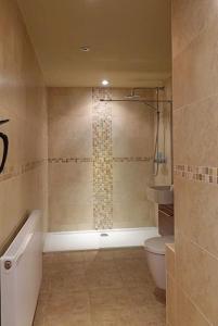 a bathroom with a shower and a toilet and a sink at Country garden retreat near Henley on Thames in Rotherfield Peppard