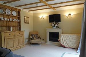 a living room with a television and a fireplace at Country garden retreat near Henley on Thames in Rotherfield Peppard