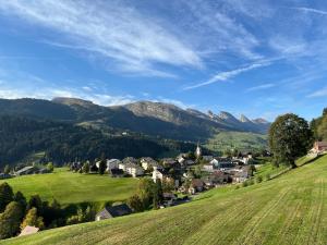 uma pequena aldeia numa colina com montanhas ao fundo em Chalet Müsli em Wildhaus