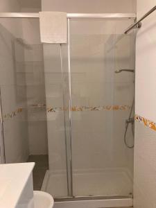 a shower with a glass door in a bathroom at Radazul Vibes by Agüita Salada Suites in Radazul