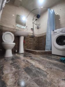 uma casa de banho com um WC, um lavatório e uma máquina de lavar roupa em Meskheti Tower Unit 93 em Akhaltsikhe