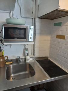 a kitchen with a sink and a microwave at charmante studette a quiberon plage in Quiberon