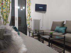 a living room with a couch and a tv at Helen's downtown apartment in Ioannina