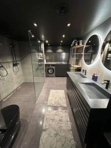 La grande salle de bains est pourvue d'un lavabo et d'une douche. dans l'établissement BraMy Apartments The LUX View, à Tromsø