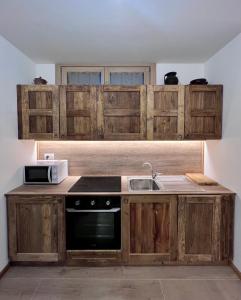 a kitchen with wooden cabinets and a sink and a microwave at Ski House Courmayeur in Courmayeur