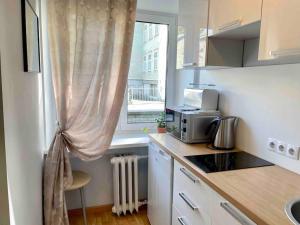 Il comprend une petite cuisine avec une fenêtre et un four micro-ondes. dans l'établissement Cosy small apartment, free parking, near Old Town, à Tallinn