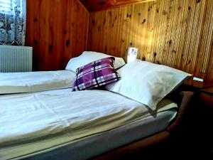 Habitación con 2 camas con almohadas y paredes de madera. en Planinska kuća ,,Furtula" Jahorina, en Pale