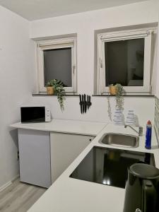 a white kitchen with a sink and two windows at 1,3 km Luftlinie zur Innenstadt, Küche, 5 Personen in Bremen
