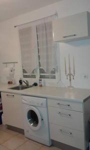 a kitchen with a washing machine and a sink at Le Coton Verde , 2 nuits minimum in Sainte-Rose