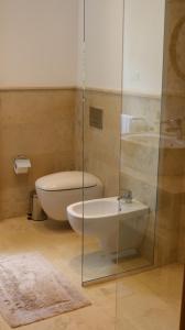 La salle de bains est pourvue de toilettes et d'une douche en verre. dans l'établissement Pensiunea Tudorilor, à Văleni-Stînişoara