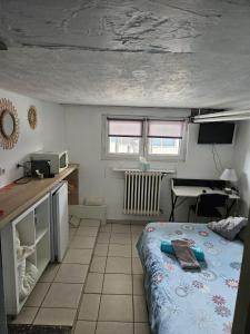 ein kleines Schlafzimmer mit einem Bett und einem Schreibtisch in der Unterkunft Aux 2 lots in Sorbiers