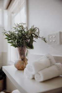 un vase avec une plante sur un comptoir avec des serviettes dans l'établissement Ravenswood Farmhouse, à Rylstone