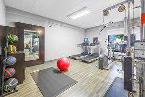 a gym with a red exercise ball on the floor at Hampton Inn St. Louis - Westport in Maryland Heights
