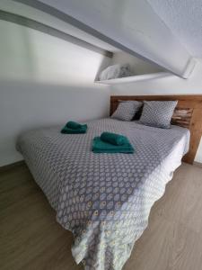 een slaapkamer met een bed met twee groene handdoeken erop bij Petit mazet in Sainte-Maxime