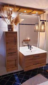 a bathroom with a sink and a large mirror at Gästewohnung Herbsleben in Herbsleben