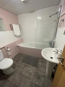 a bathroom with a toilet and a sink and a tub at Lovely 4 bedroom Victorian house with back courtyard in Stoke on Trent