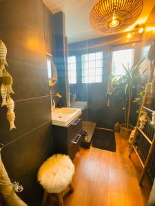 uma casa de banho com um lavatório e um espelho em Évasion Tropicale - Villa d'Artiste avec Jacuzzi Privé dans un jardin Exotique em Mérignac