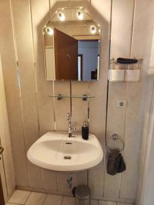 La salle de bains est pourvue d'un lavabo et d'un miroir. dans l'établissement Wohlfühloase Eifelsteig, à Simmerath
