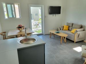 a living room with a sink and a couch at Crawlbay Suites Hotel in Newfield