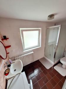 La salle de bains est pourvue d'un lavabo, d'une douche et de toilettes. dans l'établissement Domek przy Maja, à Milicz