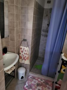 a small bathroom with a shower and a sink at Barbara rooms in Foligno +1 photo