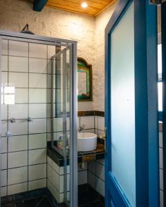 a bathroom with a sink and a glass shower door at Anglers Court in Dullstroom