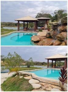 due foto di una piscina e di un gazebo di Sítio defronte Lagoa Lagoa na Serra do Cipó a Jaboticatubas