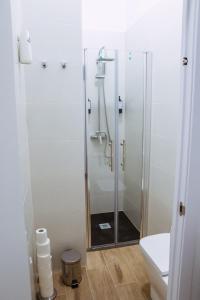 a bathroom with a glass shower with a toilet at Triana Riverside in Seville