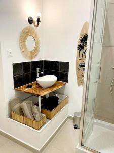 ein Bad mit einem Waschbecken, einem Spiegel und einer Dusche in der Unterkunft Studio 2 personnes à 10 minutes de Paris in Gennevilliers