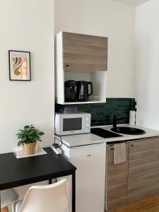 a small kitchen with a sink and a microwave at Hortensia*Proche Centre-Ville et CHU*Parking in Amiens