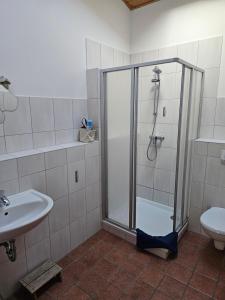 a bathroom with a shower and a sink at Ferienwohnungen Das Finkhaus in Simonsberg