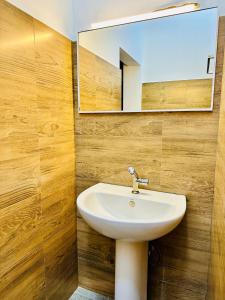 a bathroom with a sink and a mirror at Lake View Cottage in Tissamaharama