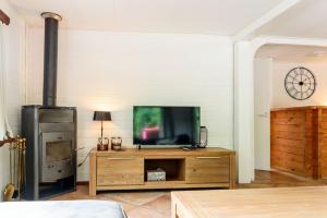 a living room with a television on a wooden entertainment center at Spacious wooden cottage with infra-red sauna at Veluwe in Putten