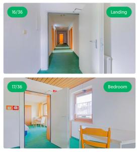 two pictures of a room with a hallway and a room with a dining room at Mounty Garni Hotel in Söll