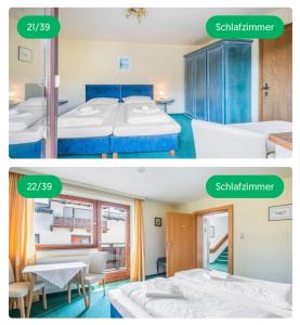 two pictures of a bedroom and a hotel room at Mounty Garni Hotel in Söll