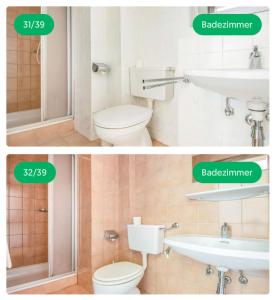 Duas fotografias de uma casa de banho com WC e lavatório. em Mounty Garni Hotel em Söll