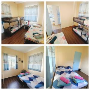 four different pictures of a bedroom with bunk beds at Kundasang Trail Homestay in Kundasang