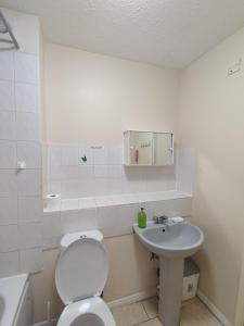 La salle de bains est pourvue de toilettes et d'un lavabo. dans l'établissement Wembley house, à Londres