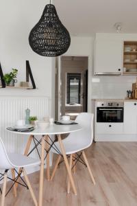 eine Küche mit einem Tisch und Stühlen im Zimmer in der Unterkunft Waterfront Nieuwpoort in Nieuwpoort
