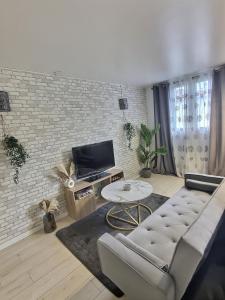 ein Wohnzimmer mit einem Sofa und einem TV in der Unterkunft Appartement Près Gare, Parking in Vigneux-sur-Seine