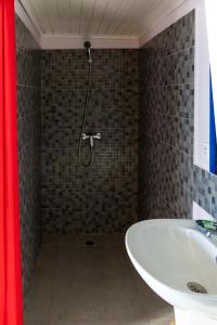 a bathroom with a shower with a white tub and a sink at Hôtel Villa Les Orchidées in Ambatoloaka